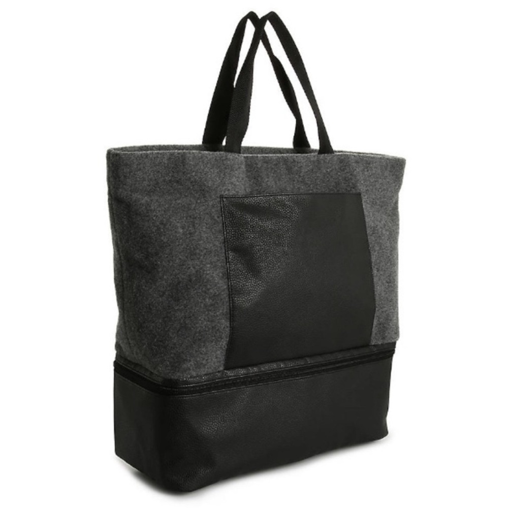 DSW Grey Wool Felt Maxi Tote Shoe Compartment Faux Leather Outside Pocket ZipTop